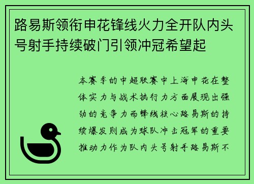 路易斯领衔申花锋线火力全开队内头号射手持续破门引领冲冠希望起 路易斯领衔申花锋线火力全开队内头号射手持续破门引领冲冠希望起