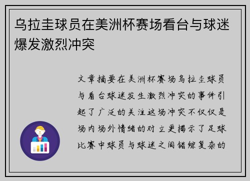 乌拉圭球员在美洲杯赛场看台与球迷爆发激烈冲突