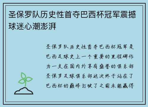 圣保罗队历史性首夺巴西杯冠军震撼球迷心潮澎湃
