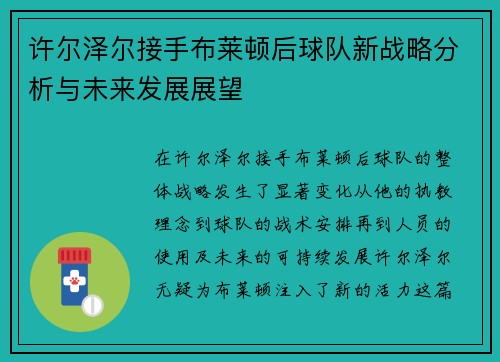 许尔泽尔接手布莱顿后球队新战略分析与未来发展展望 许尔泽尔接手布莱顿后球队新战略分析与未来发展展望